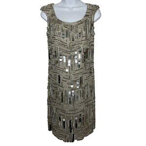 Marchesa Notte Silk Sheath Dress Size 4 Art Deco Silver Gray Beaded Sequined